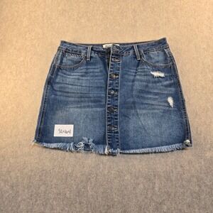 Mudd Blue Denim Mini Skirt Button Front Distressed Frayed Hem‎ Size 11